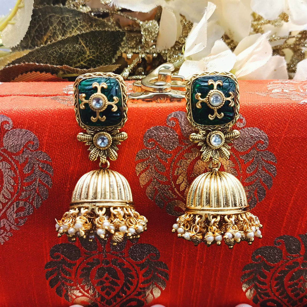 Madhuri Green Stone Gold Plated Antique Jhumki