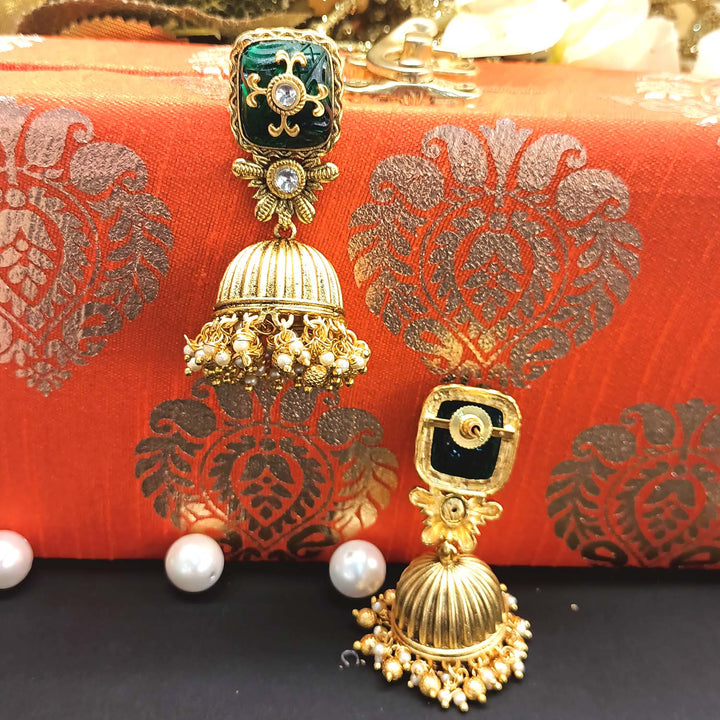 Madhuri Green Stone Gold Plated Antique Jhumki