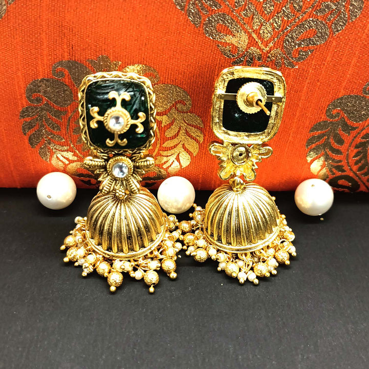 Madhuri Green Stone Gold Plated Antique Jhumki