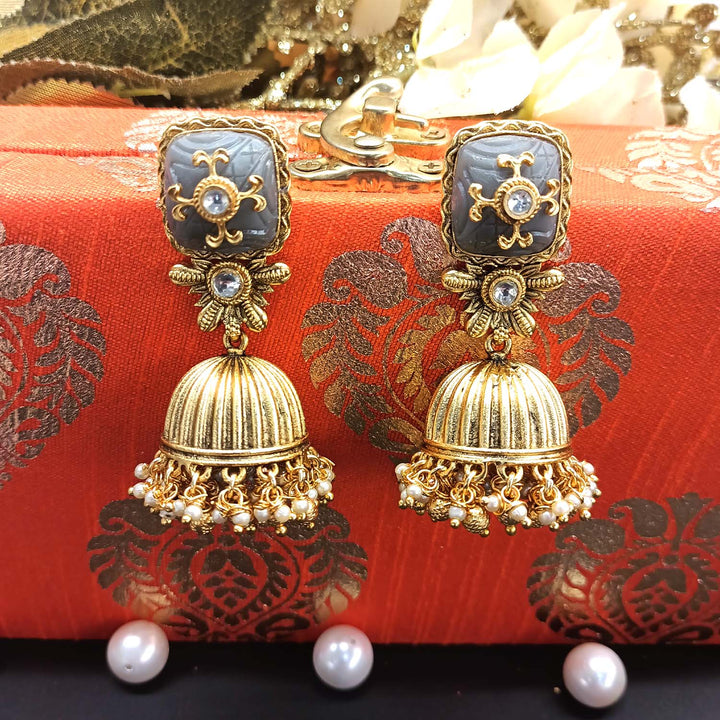 Meera Grey Stone Gold Plated Antique Jhumki