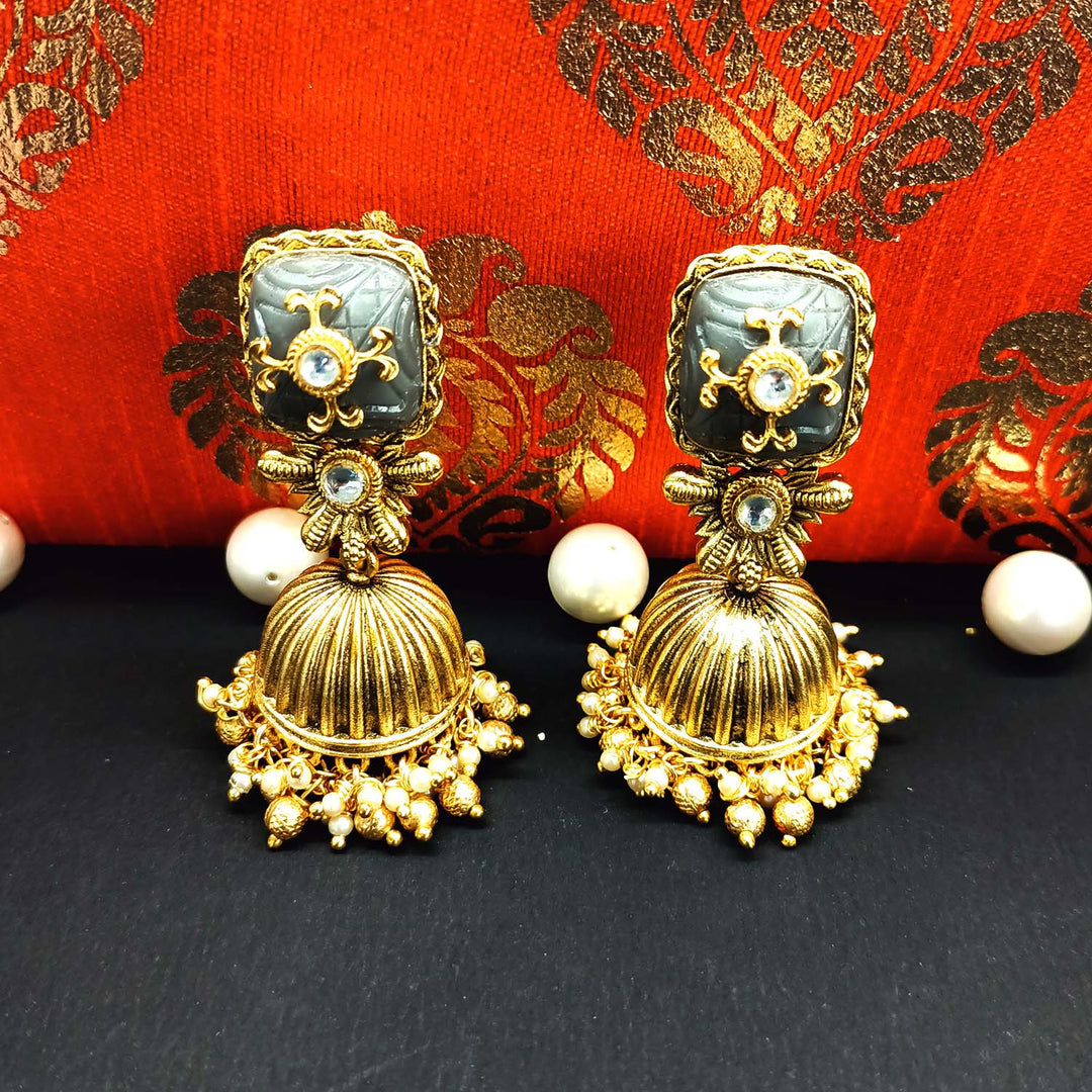 Meera Grey Stone Gold Plated Antique Jhumki