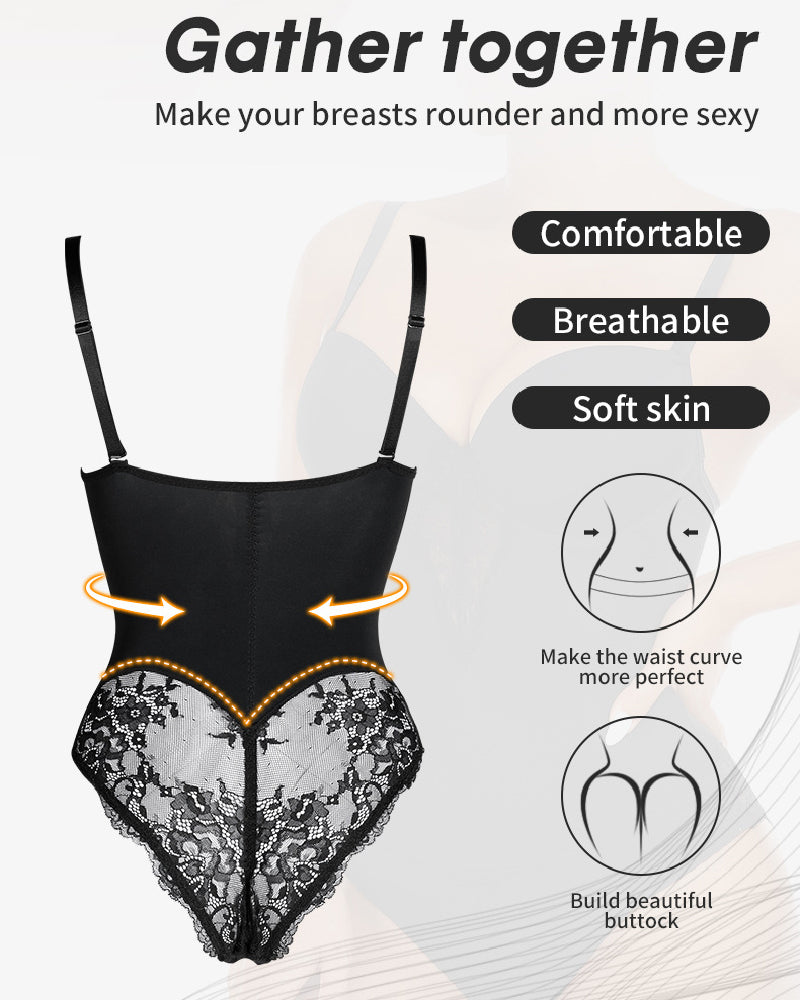 Women's Low Back Bodysuit Lace Stitching Tummy Control Brief Shapewear With Built In Bra  - By Qivii