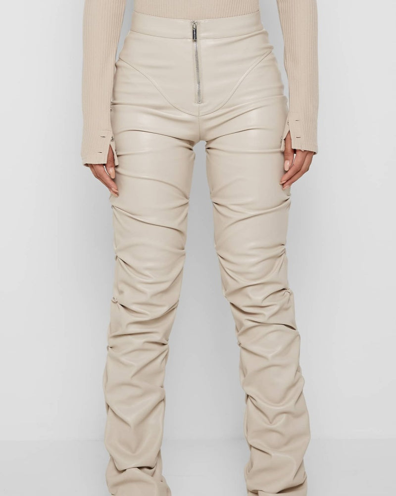PU Leather Personalized Pleated Flared Pants  - By Qivii