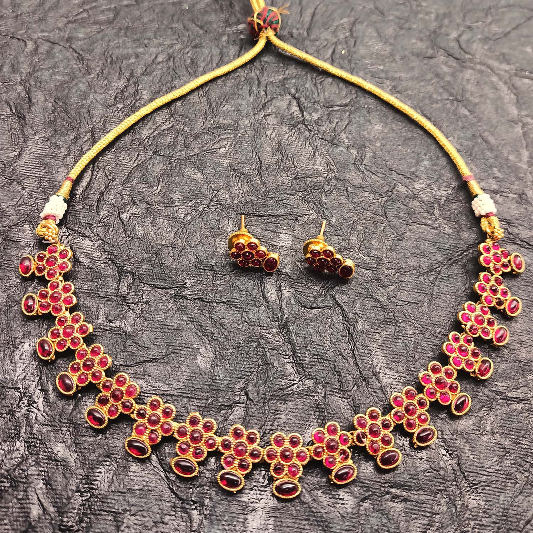 Fidaa Antique Gold Plated With Small Flower Ruby Stones Necklace Set