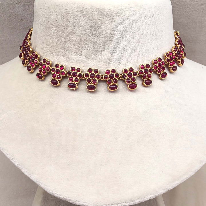 Fidaa Antique Gold Plated With Small Flower Ruby Stones Necklace Set