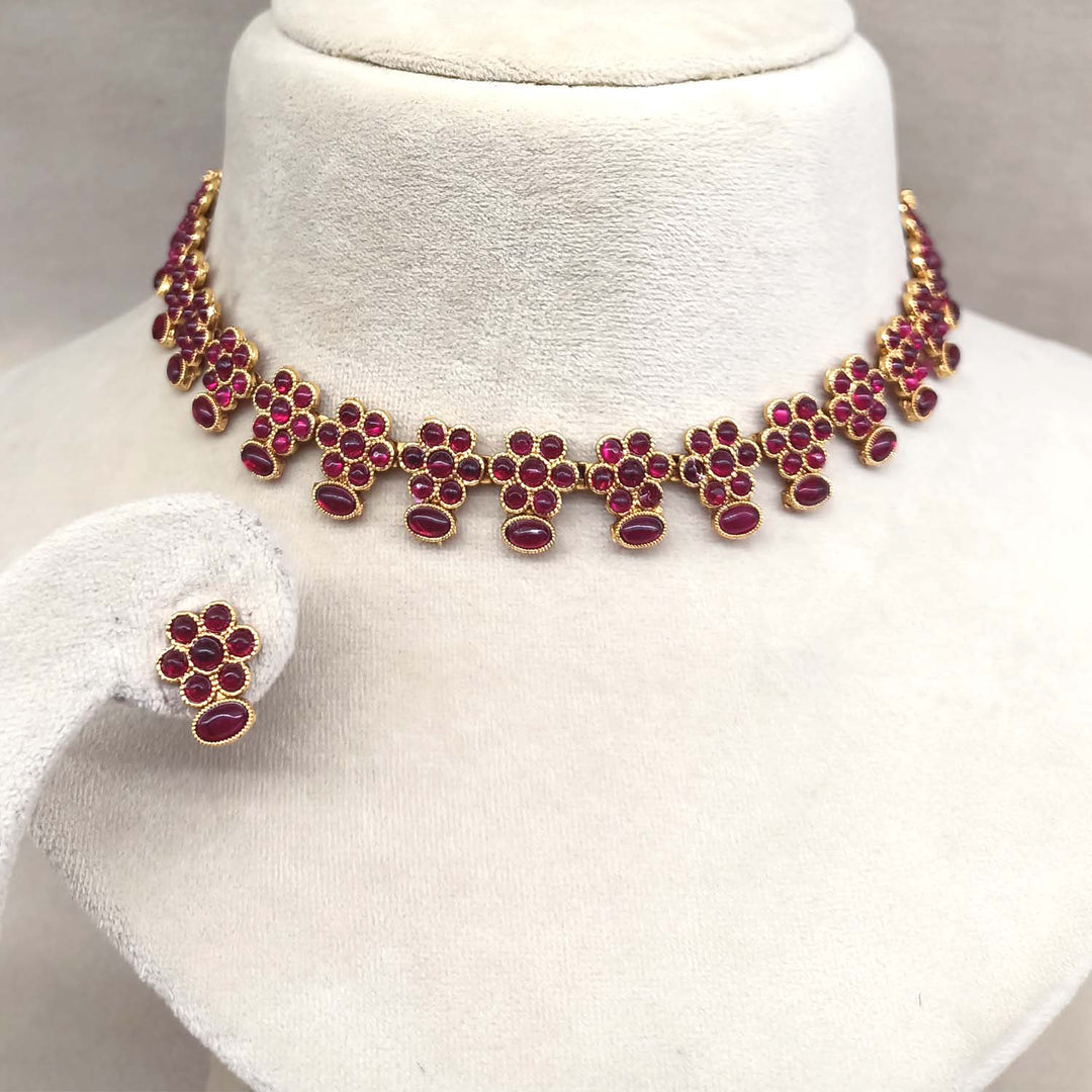 Fidaa Antique Gold Plated With Small Flower Ruby Stones Necklace Set