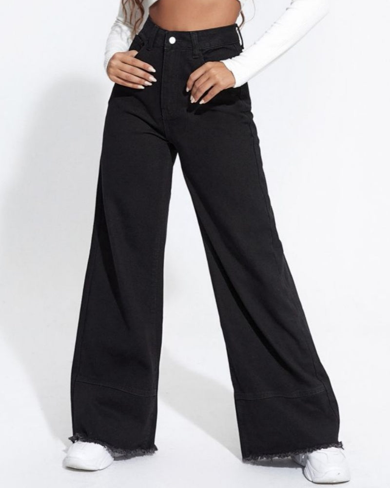 Wide-leg Jeans High Waist Patchwork Raw Edge Loose Trousers  - By Qivii