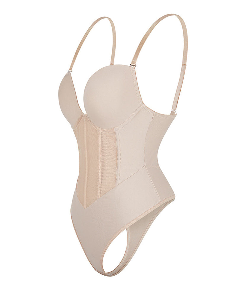 Sexy Mesh Shapewear Corset Backless Thong Bodysuit With Built-in Bra  - By Qivii