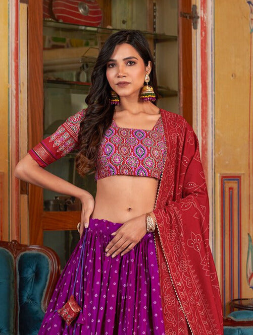 Bandhani And Ajarakh Print With Foil Work Lehenga Choli in Purple Color