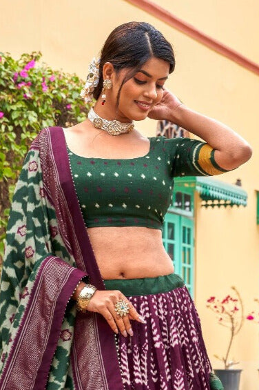 Adorned in printed Tusser silk lehenga choli in Wine Color