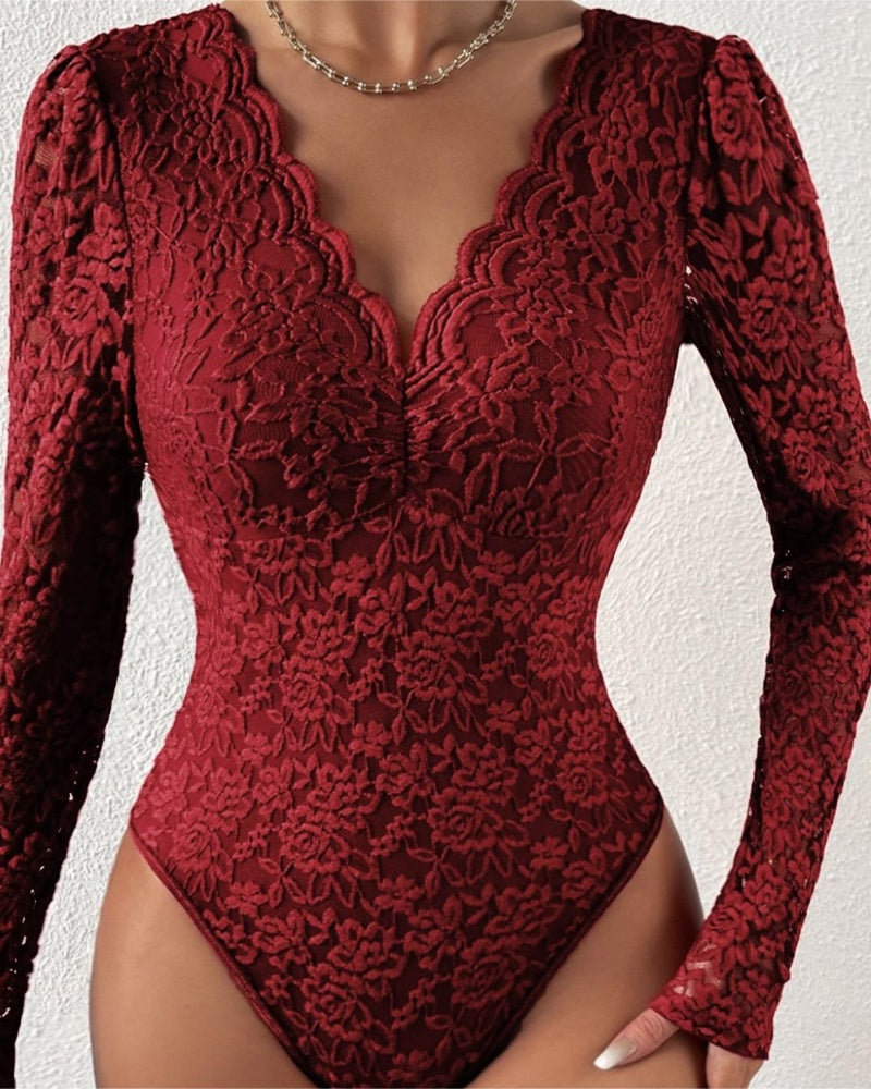 Floral Lace Sheer Long Sleeve Bodysuit V Neck Slim Fit Thong Body Shaper  - By Qivii