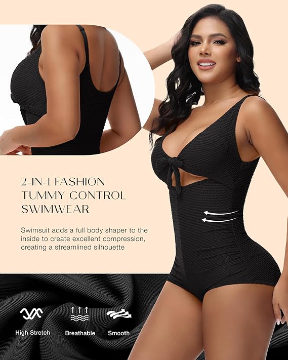 Women's Tummy Control Swimsuit Cutout Tie Knot Front Push Up Shapewear Bathing Suit  - By Qivii
