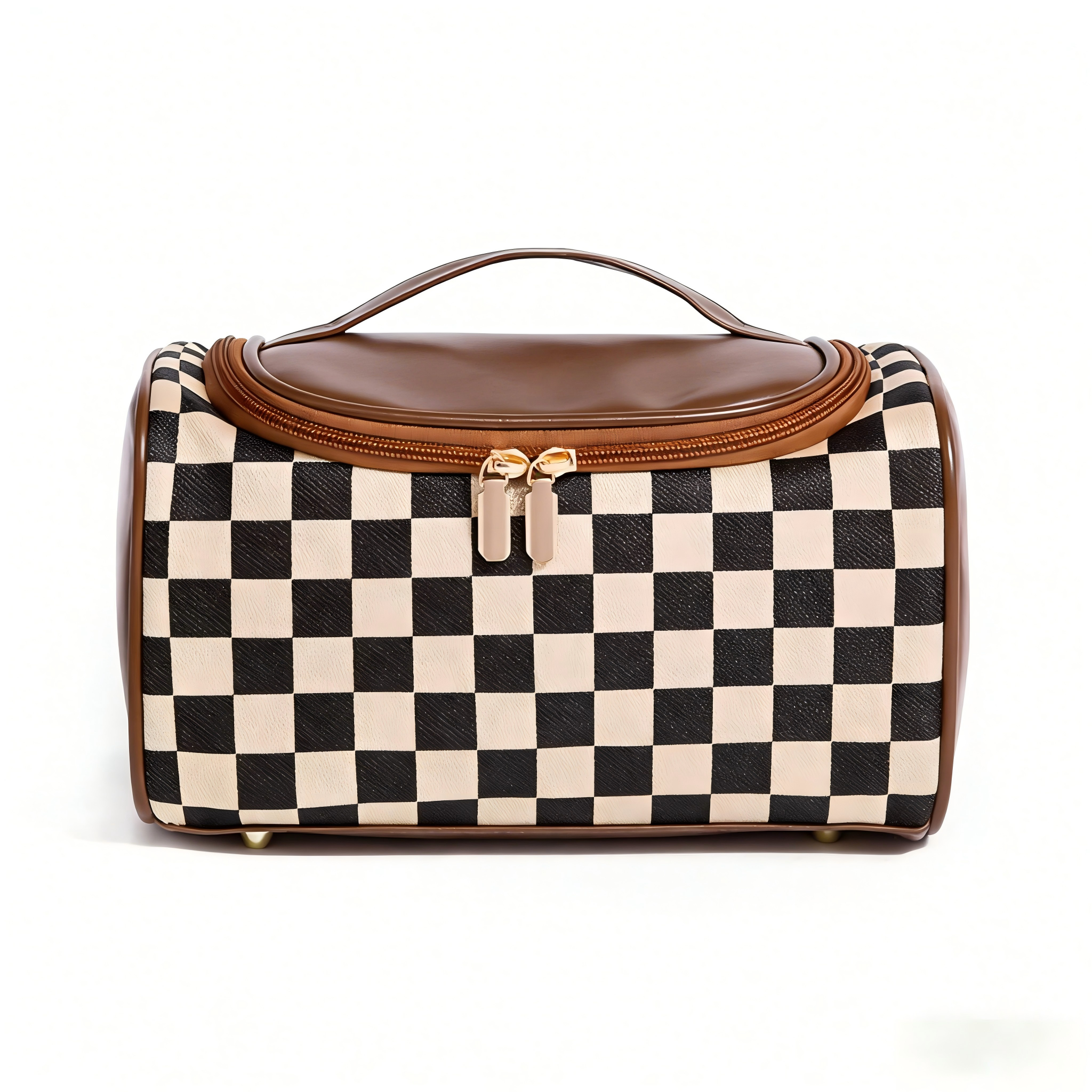 Ounamei Checkered Makeup Bag for Women | Canvas & PU Leather Large Capacity Cosmetic Organizer for Travel