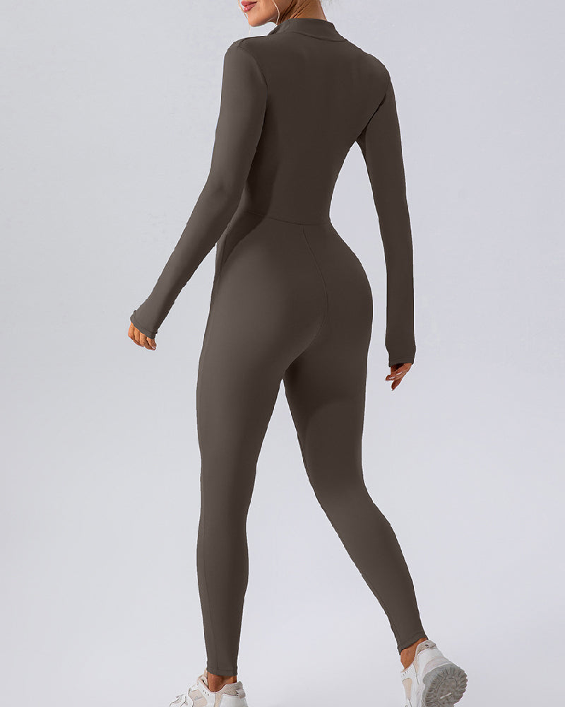 Zip Up Long Sleeve Fleece Skinny Jumpsuit Winter Thermal One-piece Fitness Bodysuit  - By Qivii