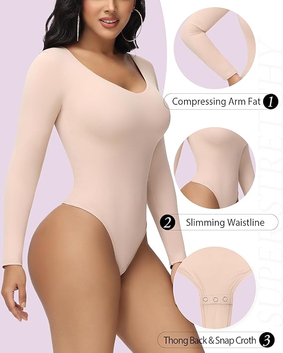 Shapshe® Women's Long Sleeve V Neck Seamless Bodysuits Tummy Control Thong Shapewear  - By Qivii