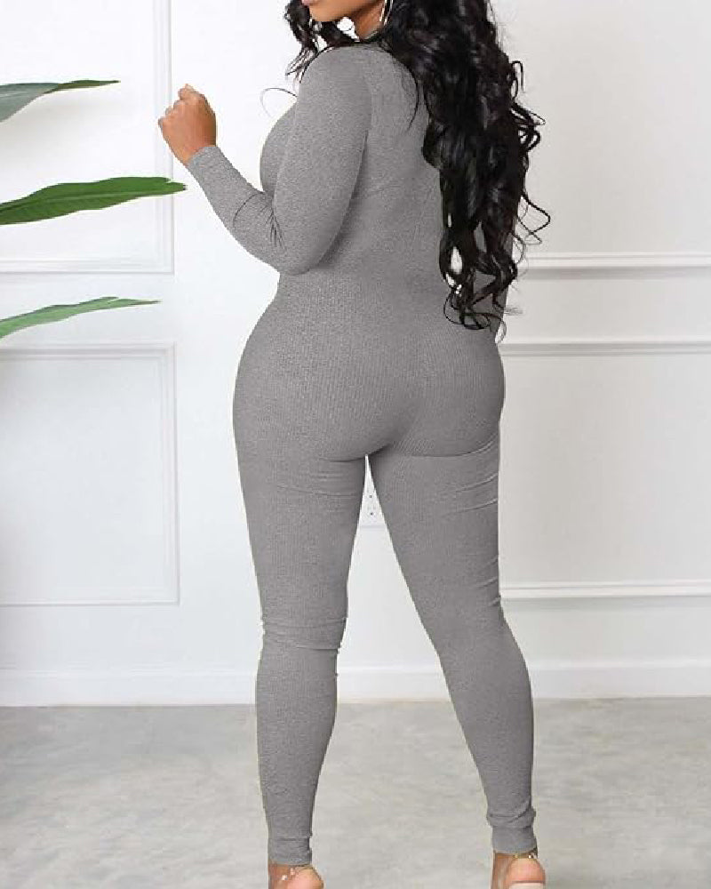 Women's Sexy Ribbed Long Sleeve Zipper Jumpsuits Casual Solid Bodycon Rompers  - By Qivii