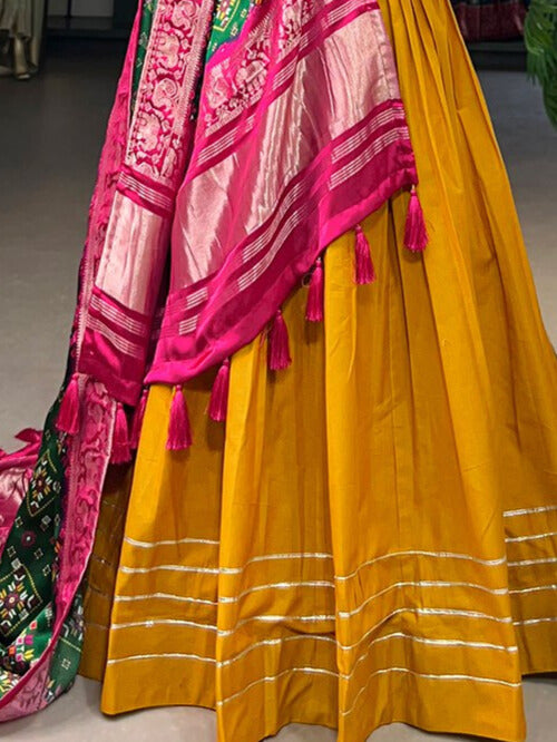 Pure Cotton Lehenga and the Lustrous Allure of Gaji Silk Dupatta in Mustard Color