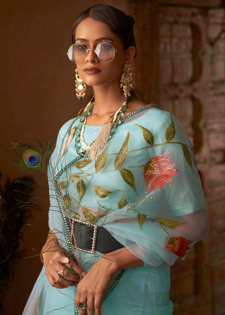 Baby Blue Digital Floral Print Organza Saree | Stitched Blouse - qivii