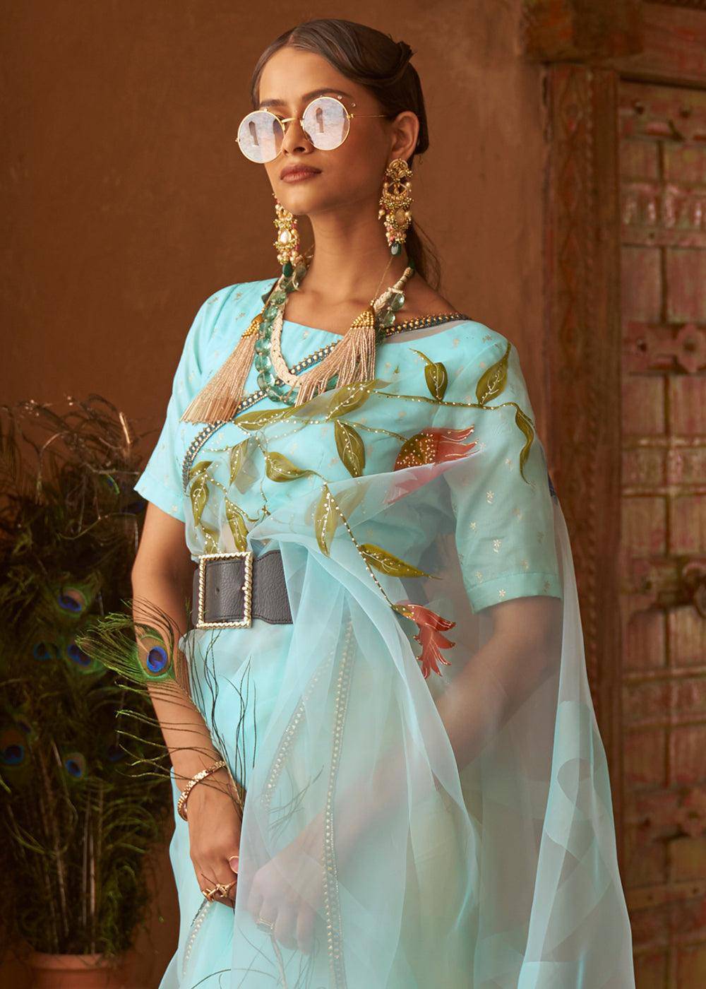 Baby Blue Digital Floral Print Organza Saree | Stitched Blouse - qivii