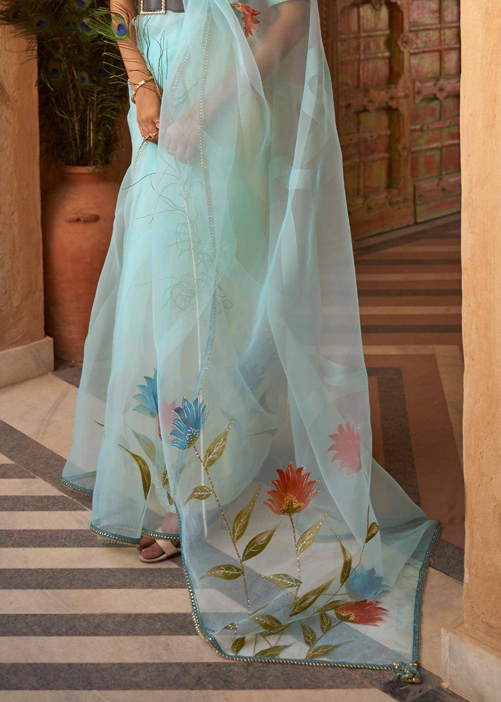 Baby Blue Digital Floral Print Organza Saree | Stitched Blouse - qivii