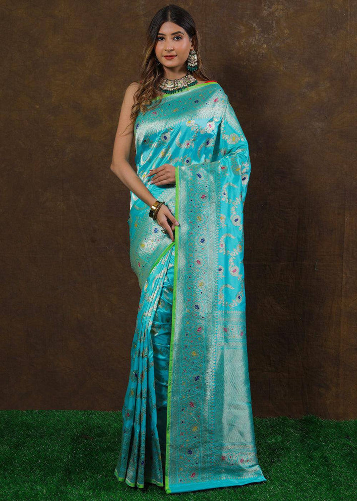 Baby Blue Hand Woven Pure Katan Silk Saree | Stitched Blouse - qivii