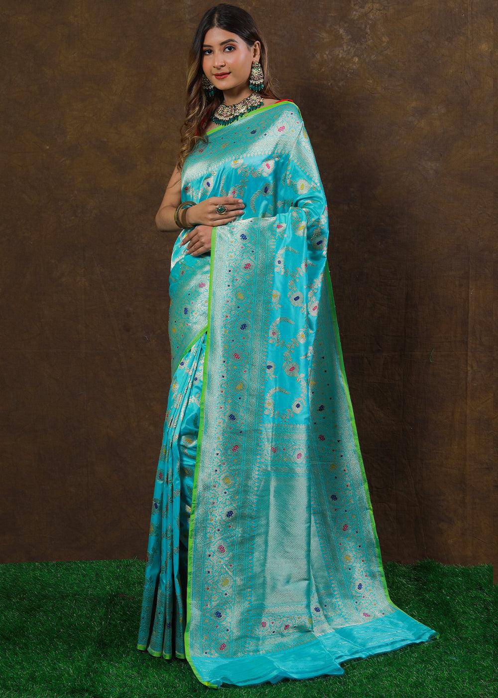 Baby Blue Hand Woven Pure Katan Silk Saree | Stitched Blouse - qivii