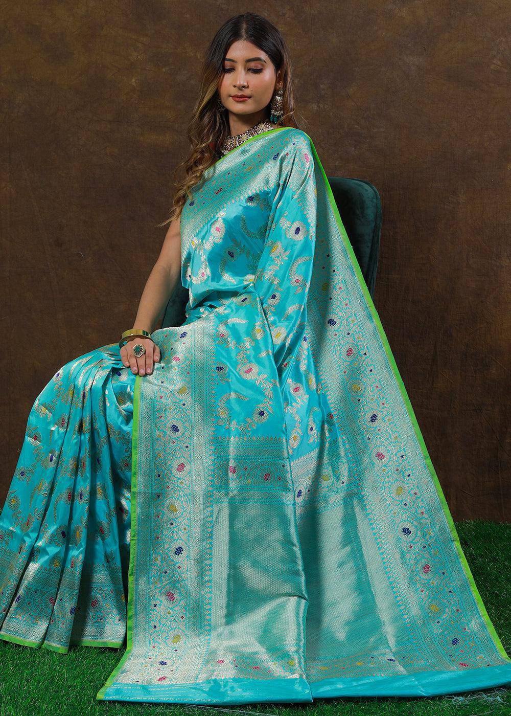 Baby Blue Hand Woven Pure Katan Silk Saree | Stitched Blouse - qivii