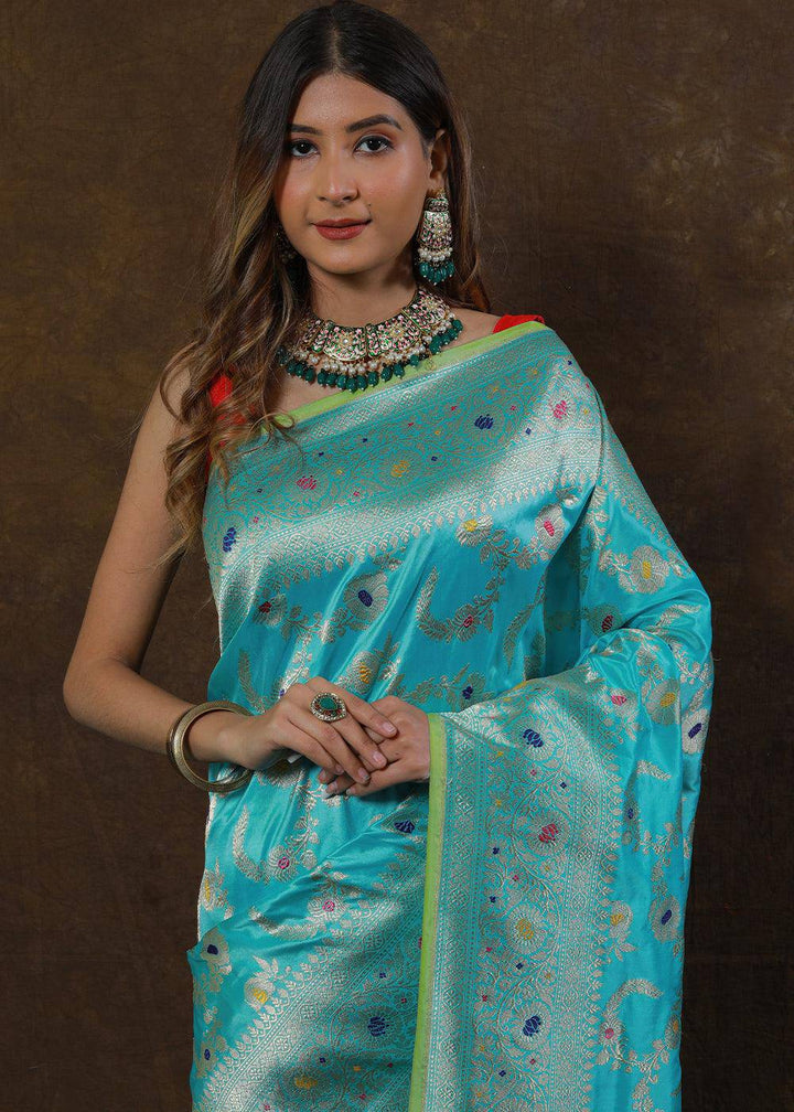 Baby Blue Hand Woven Pure Katan Silk Saree | Stitched Blouse - qivii