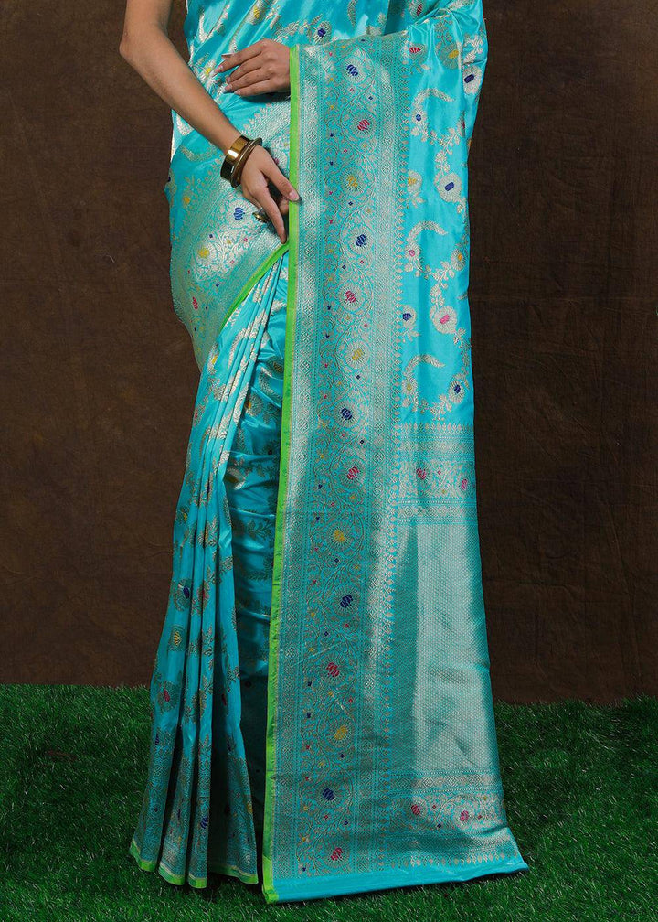 Baby Blue Hand Woven Pure Katan Silk Saree | Stitched Blouse - qivii