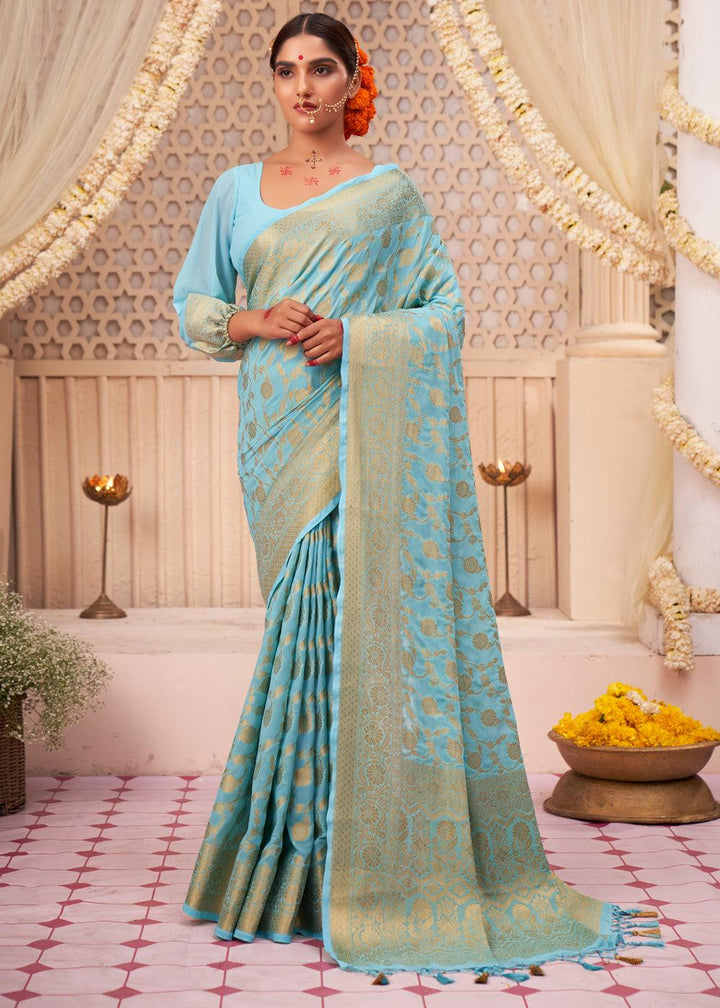 Baby Blue Woven Georgette Saree - qivii