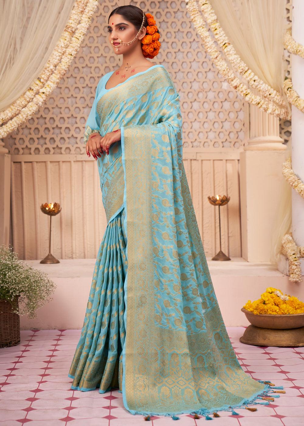 Baby Blue Woven Georgette Saree - qivii