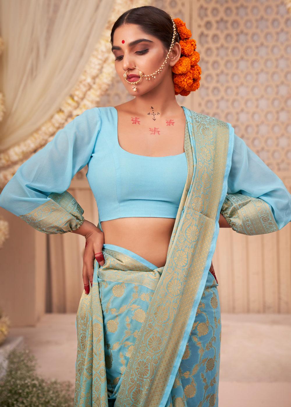 Baby Blue Woven Georgette Saree - qivii