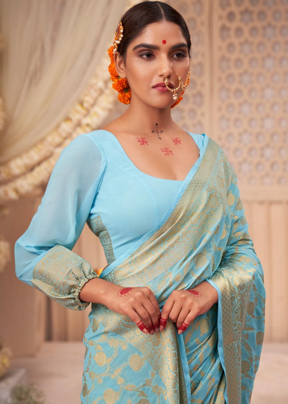 Baby Blue Woven Georgette Saree - qivii