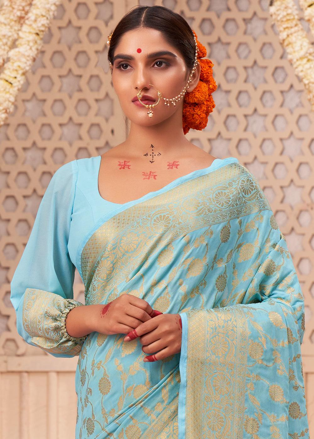 Baby Blue Woven Georgette Saree - qivii