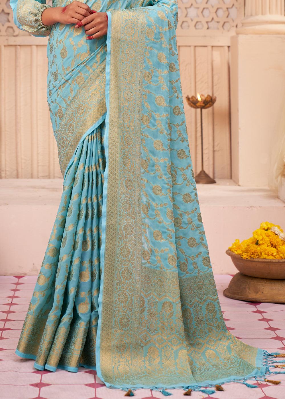 Baby Blue Woven Georgette Saree - qivii