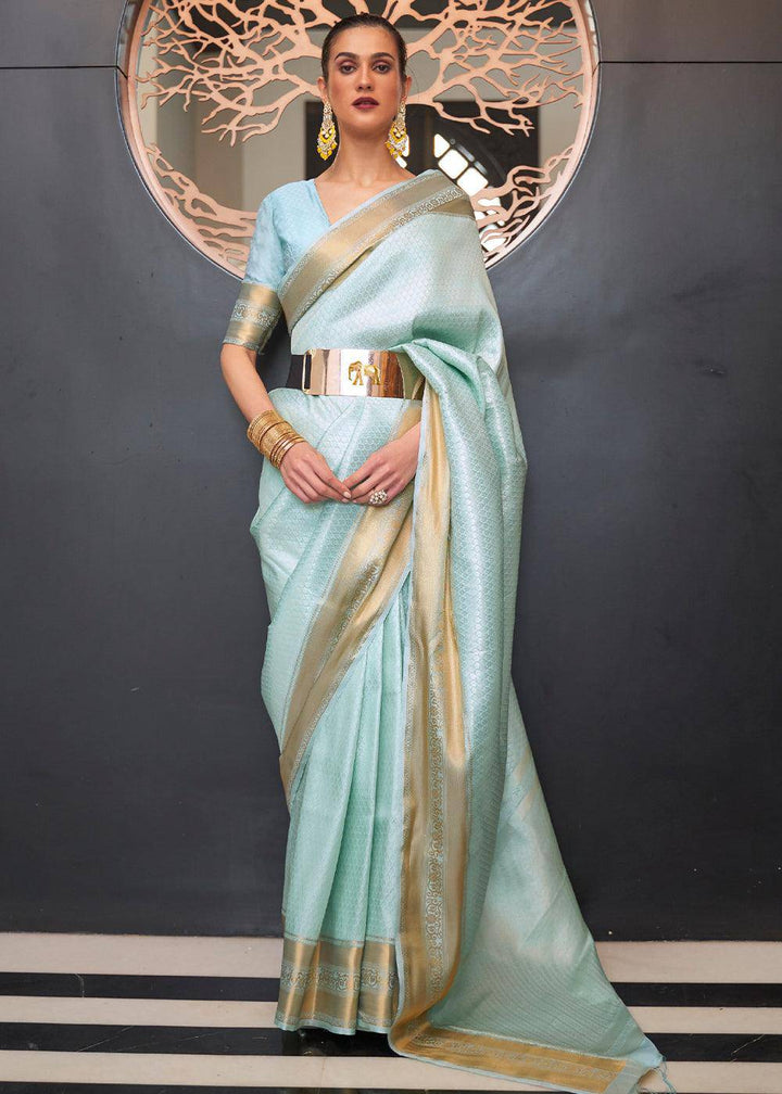 Baby Blue Woven Soft Silk Saree | Stitched Blouse - qivii