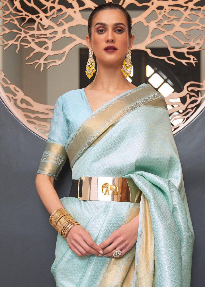 Baby Blue Woven Soft Silk Saree | Stitched Blouse - qivii