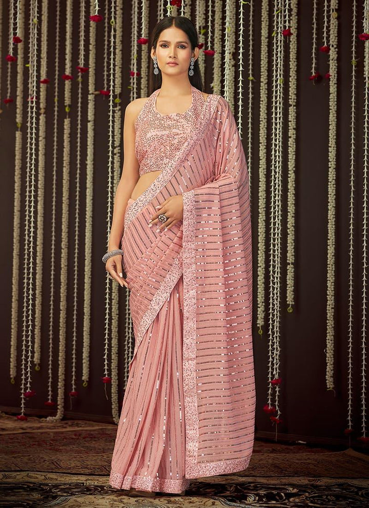 Baby Pink Color Georgette Base Sequined Saree With Fancy Blouse  - By Kreeva