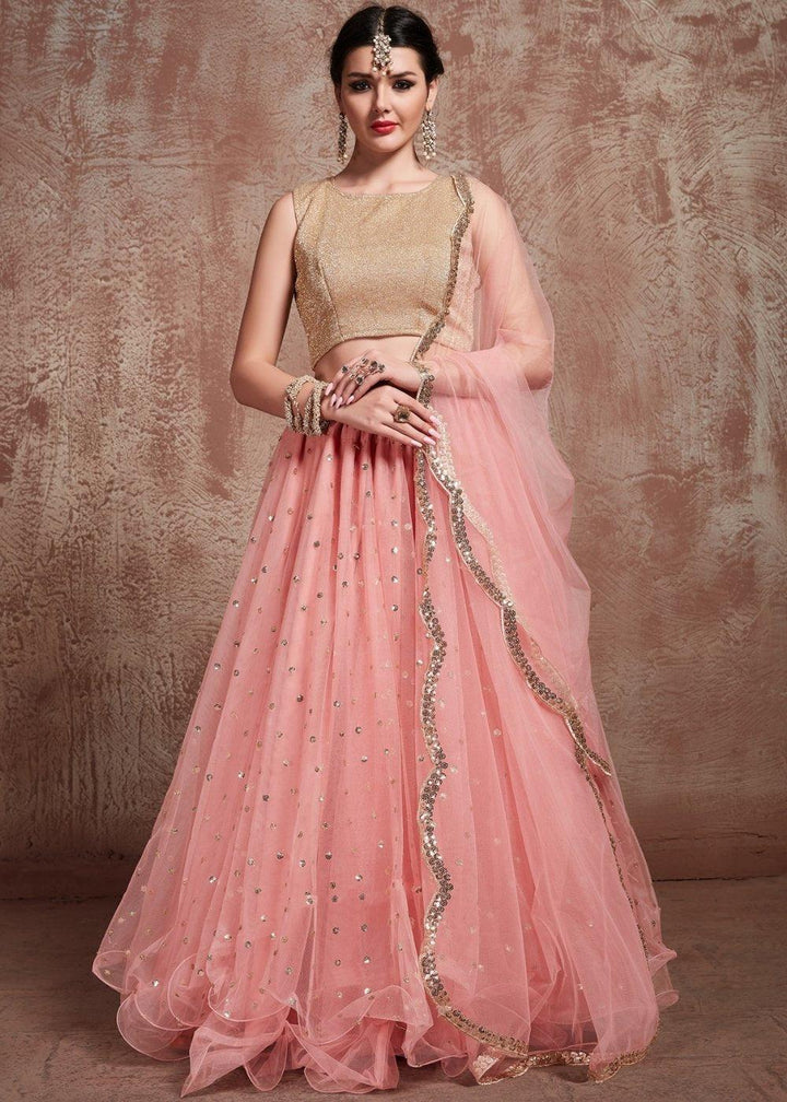 Baby Pink Designer Soft Net Lehenga with Sequins & Zari work - qivii