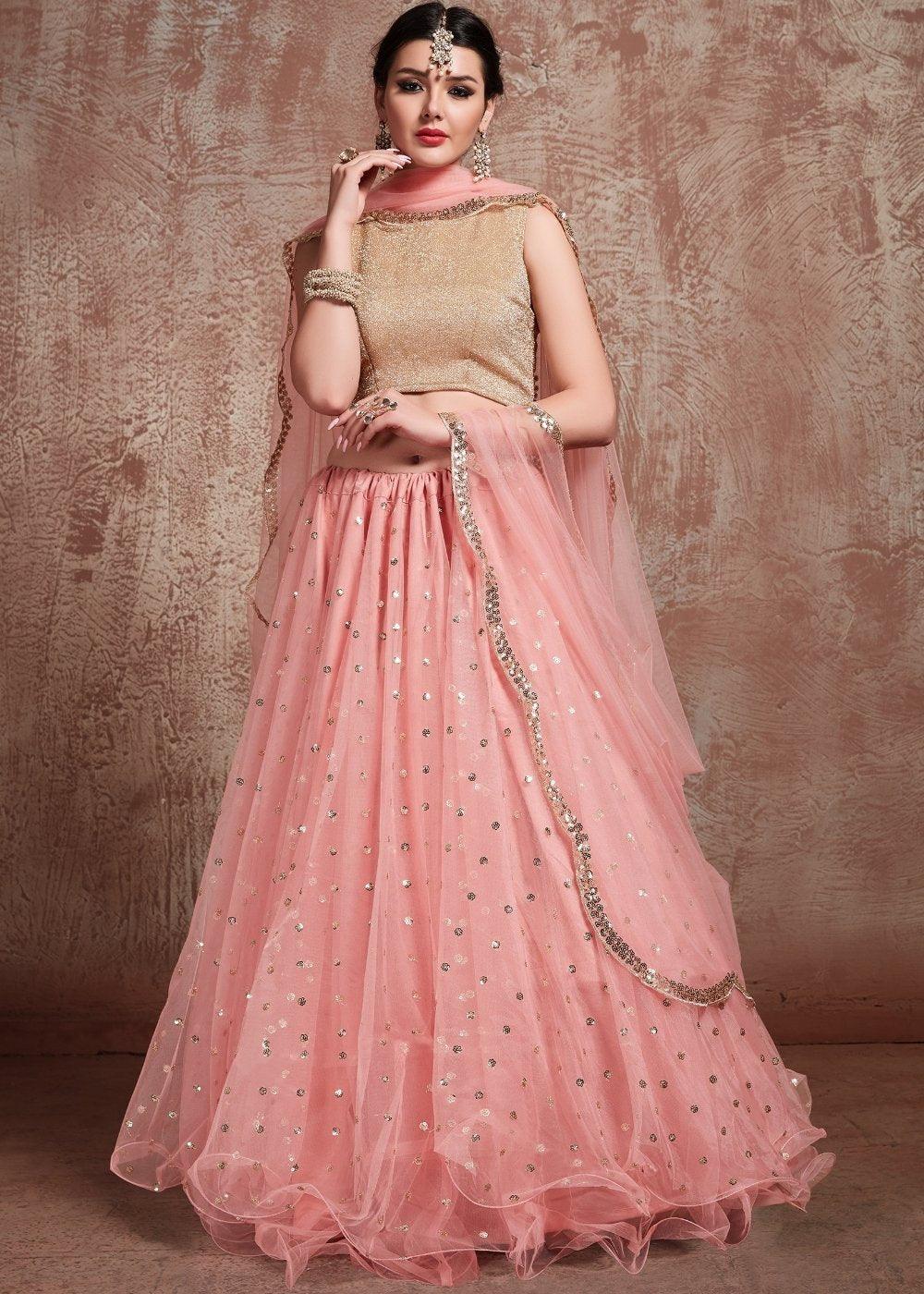 Baby Pink Designer Soft Net Lehenga with Sequins & Zari work - qivii