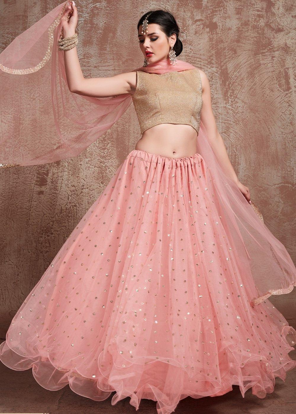 Baby Pink Designer Soft Net Lehenga with Sequins & Zari work - qivii