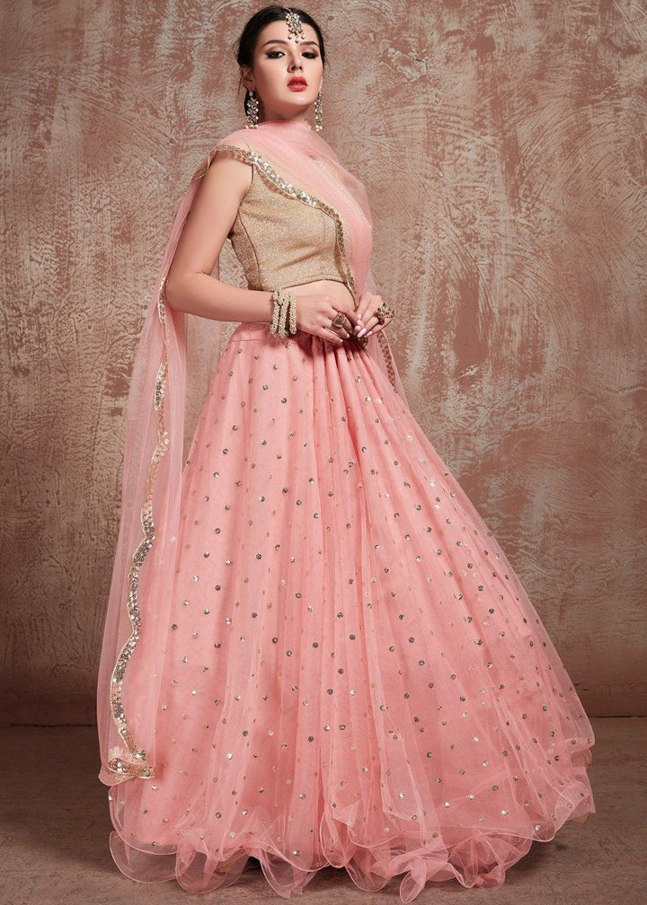 Baby Pink Designer Soft Net Lehenga with Sequins & Zari work - qivii