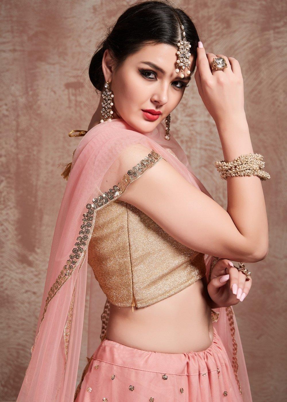 Baby Pink Designer Soft Net Lehenga with Sequins & Zari work - qivii