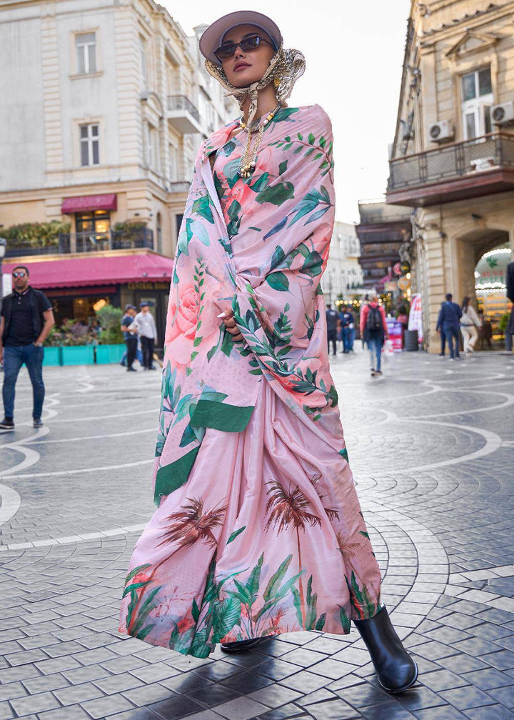 Baby Pink Digital Printed Crepe Silk Saree | Stitched Blouse - qivii