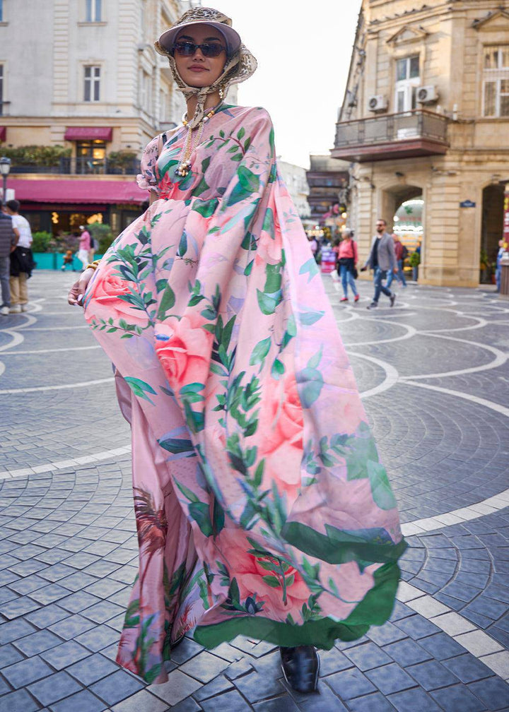 Baby Pink Digital Printed Crepe Silk Saree | Stitched Blouse - qivii