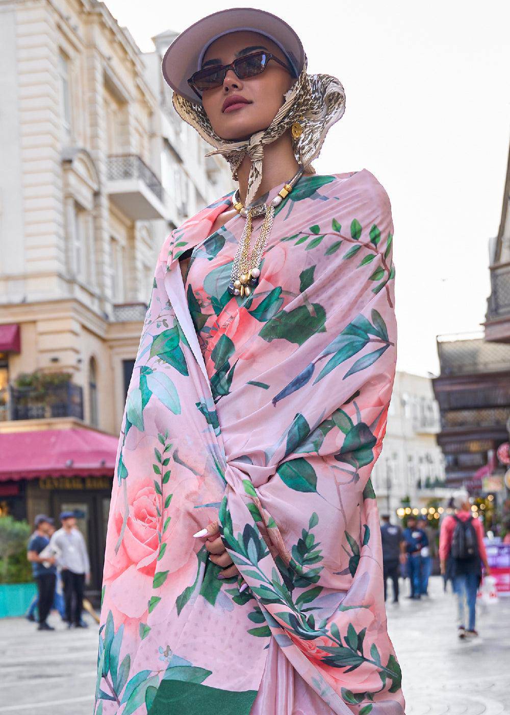 Baby Pink Digital Printed Crepe Silk Saree | Stitched Blouse - qivii