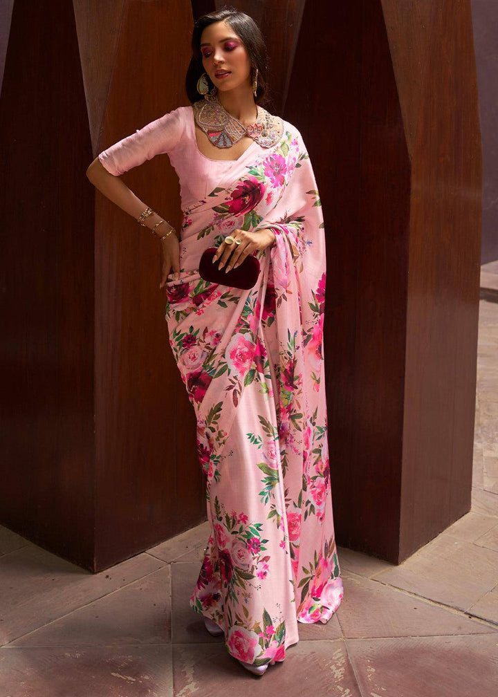 Baby Pink Floral Printed Satin Crepe Saree | Stitched Blouse - qivii