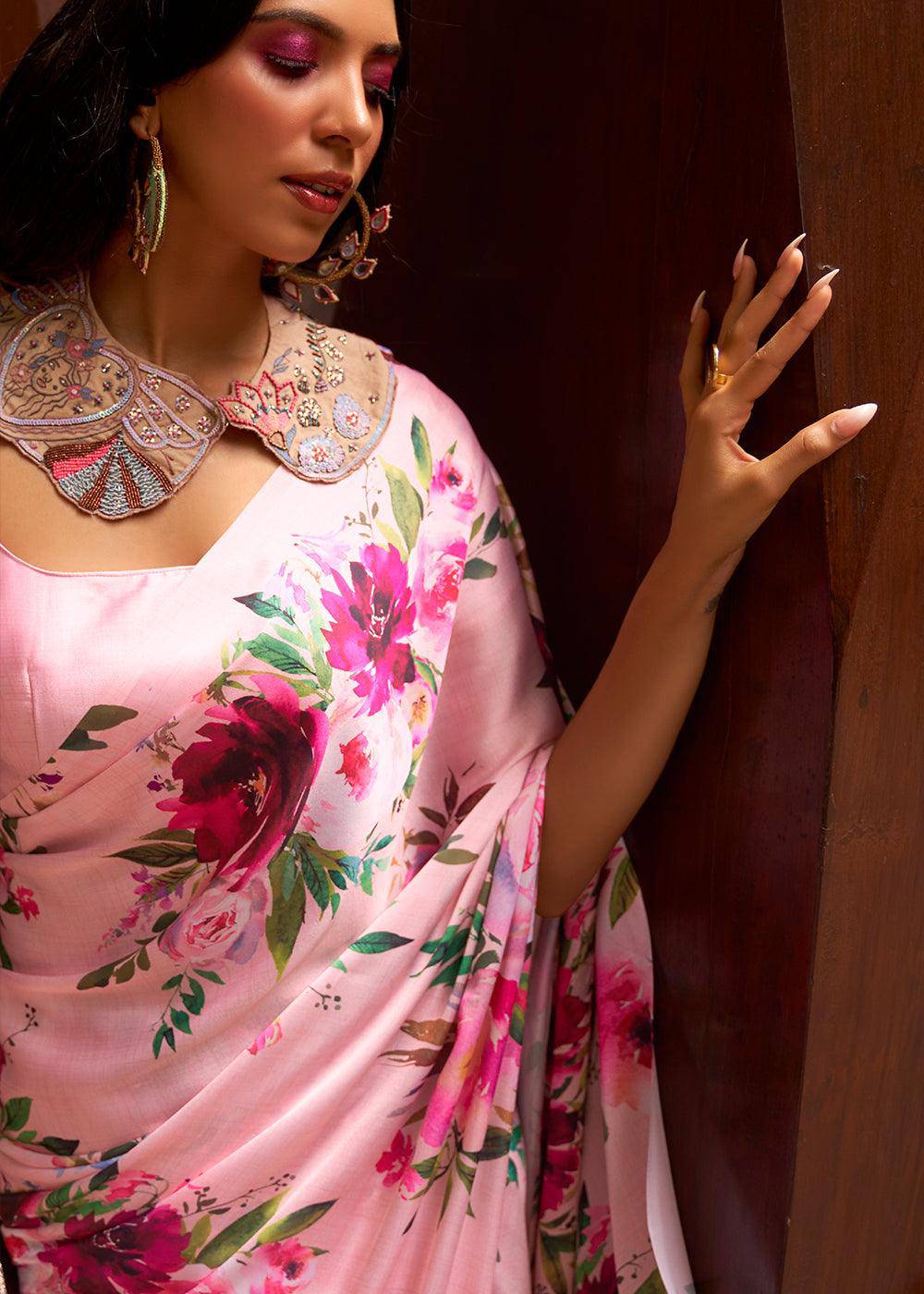 Baby Pink Floral Printed Satin Crepe Saree | Stitched Blouse - qivii