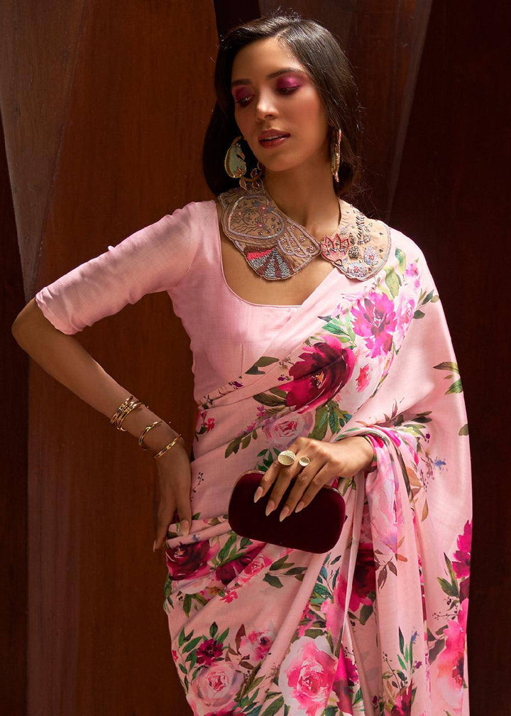 Baby Pink Floral Printed Satin Crepe Saree | Stitched Blouse - qivii