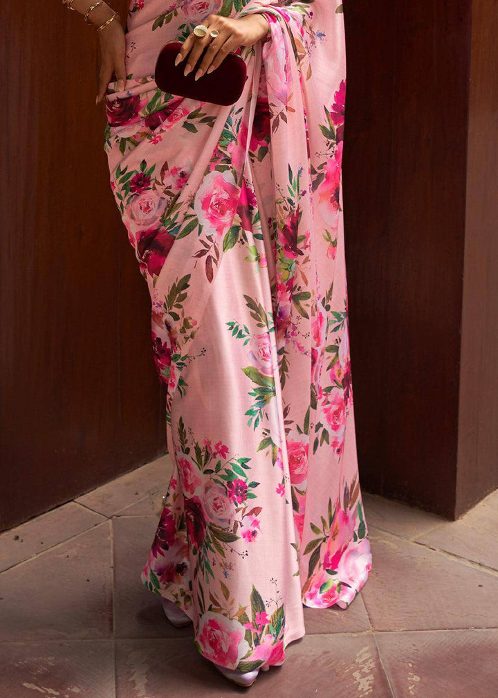 Baby Pink Floral Printed Satin Crepe Saree | Stitched Blouse - qivii